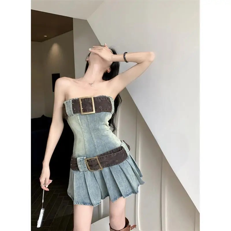 Solina Vergara Strapless Denim Dress Pleated Retro Charm